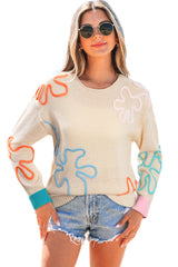 Jet Stream Contrast Flower Detail Colorblock Cuffed Loose Sweater