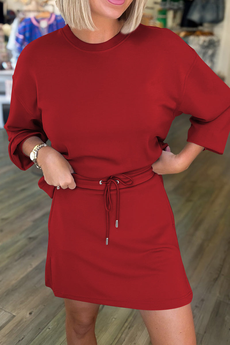 Racing Red Solid Color Drop Shoulder Pullover Drawstring Mini Skirt Set