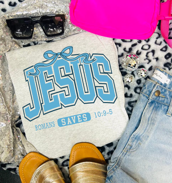 Jesus Saves - Blue bow ash tee