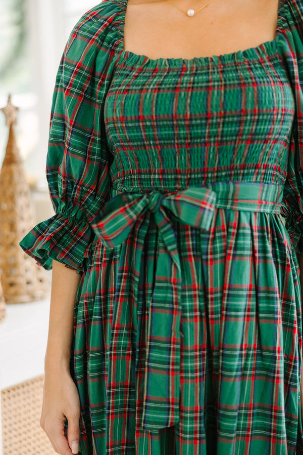 Green Plaid Square Neck Puff Sleeve Bowknot Waist Flared Midi Dress