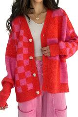 Fiery Red Colorblock Plaid Button Knit Cardigan