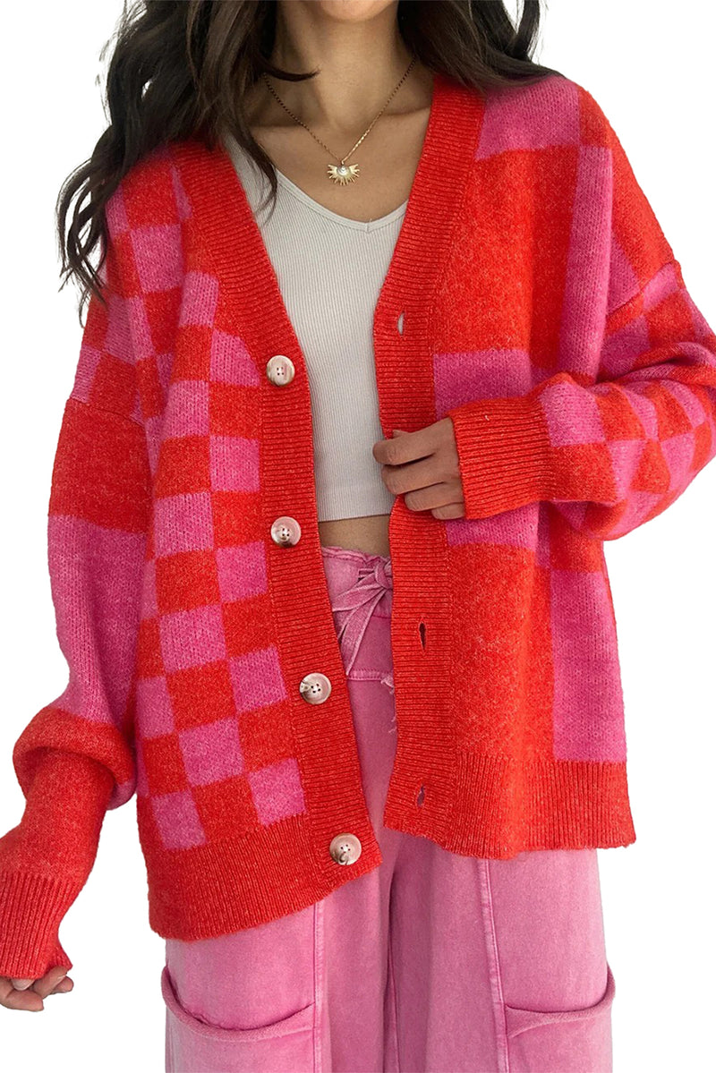 Fiery Red Colorblock Plaid Button Knit Cardigan