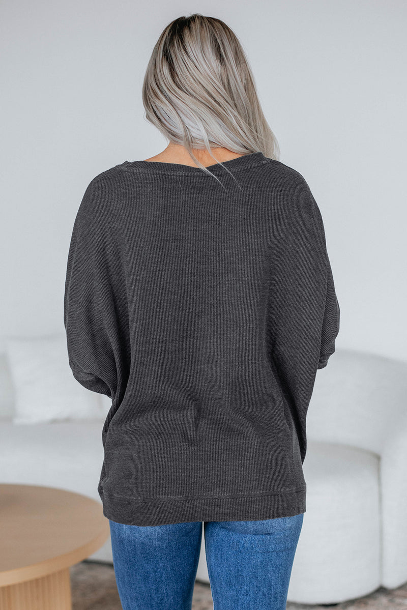 Mist Green Ribbed Plain Long Sleeve Loose Top