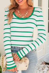 Black White Scalloped Edge Neck Striped Long Sleeve Sweater