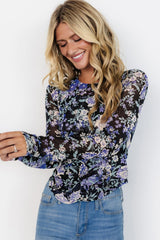 Green Floral Print Mesh Long Sleeve Top