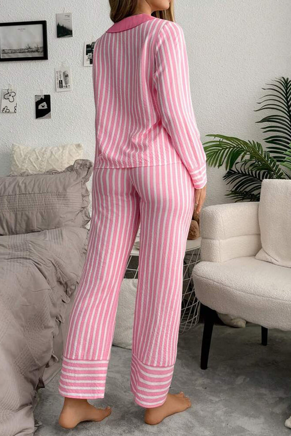 Pink Striped Sweet Bow Decor Peter Pan Collar Pullover Pants Pajama Set