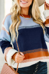 Dark Blue Color Block Round Neck Tunic Sweater
