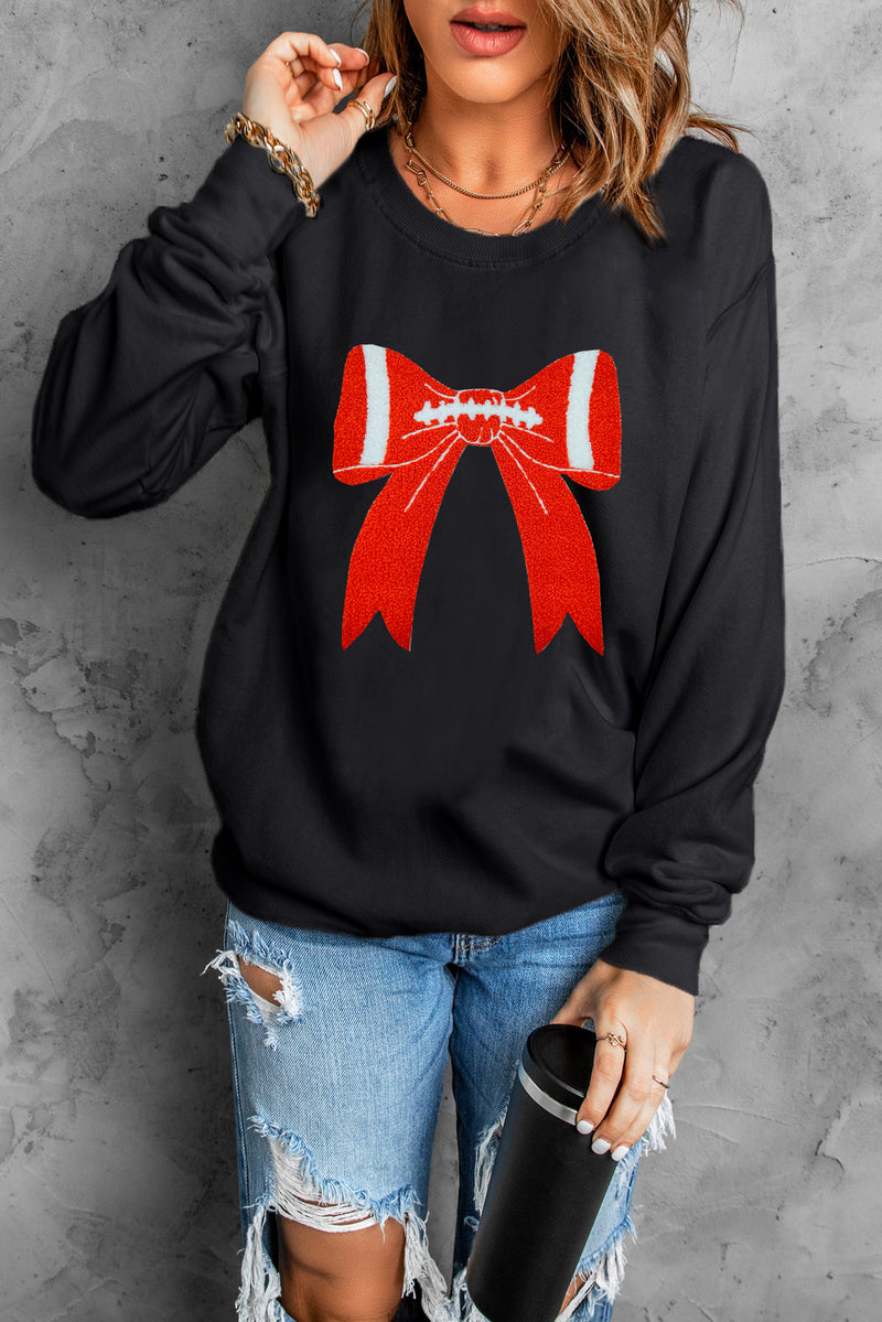 Black Game Day Chenille Bow Patched Drop Shoulder Sweatshirt