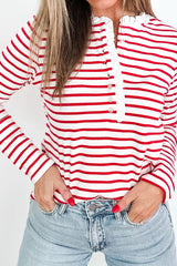 Red Stripe Contrast Frilled Trim Half Button Long Sleeve Top