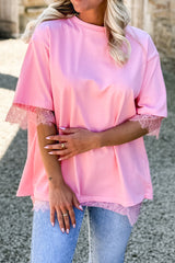 Pink Eyelash Floral Lace Patchwork Half Sleeve Oversize Tee