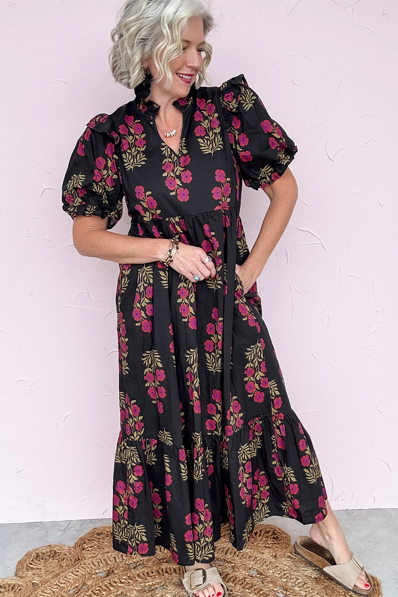 Black Floral Short Bubble Sleeve Tiered Maxi Dress