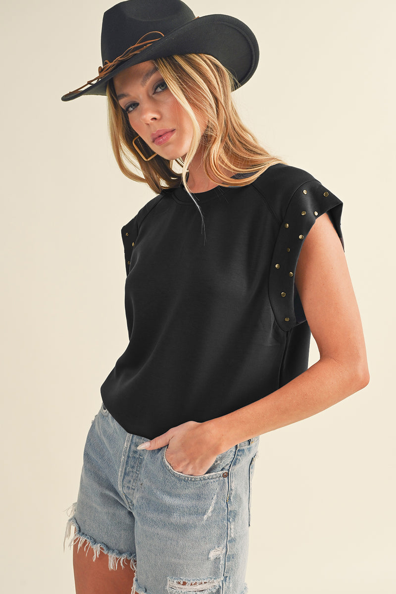 Black Casual Rivet Round Neck T Shirt