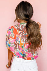 Rose Tropical Print Pleated Button Up Short Sleeve Shirt