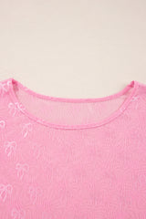 Pink Plus Size Bow Embroidered Mesh Long Sleeve Top