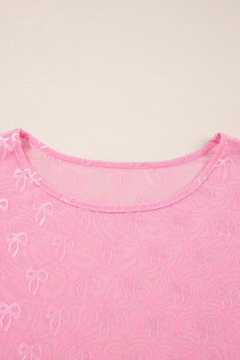 Pink Plus Size Bow Embroidered Mesh Long Sleeve Top