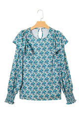 Green Abstract Print Shirred Cuff Puff Sleeve Blouse
