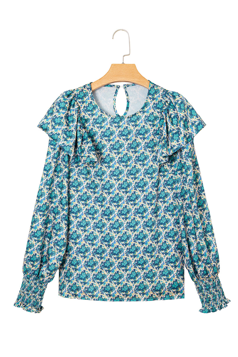 Green Abstract Print Shirred Cuff Puff Sleeve Blouse