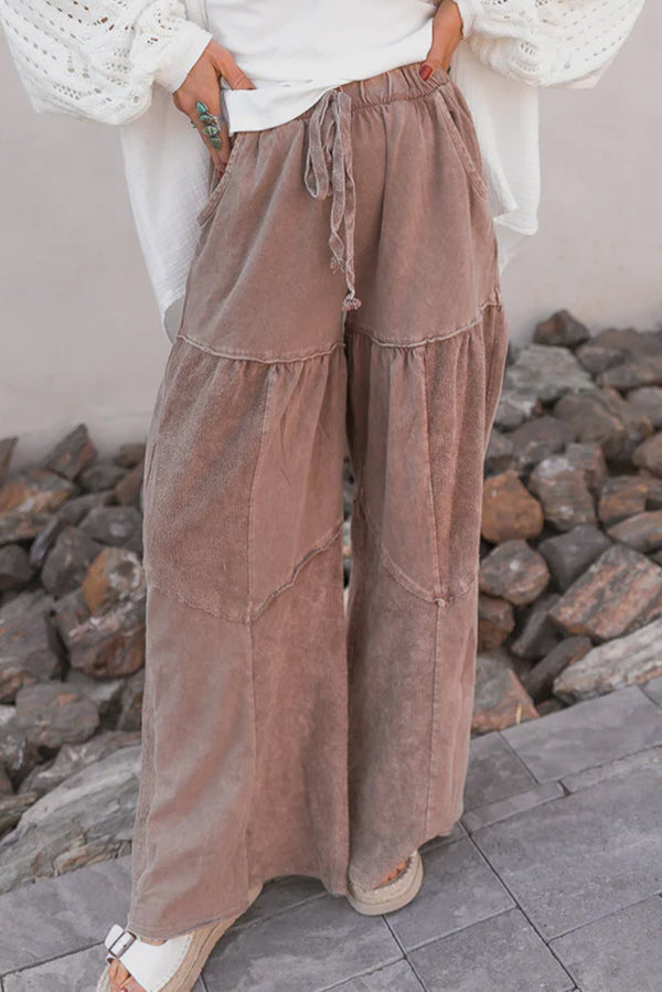 Straw Yellow Mineral Wash Tiered Wide Leg Patchwork Drawstring Pants