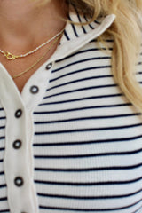Black Stripe Ribbed Knit Half Button Long Sleeve Slim Top