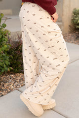 Apricot Bow Print Drawstring Elastic Waist Loose Corduroy Pants