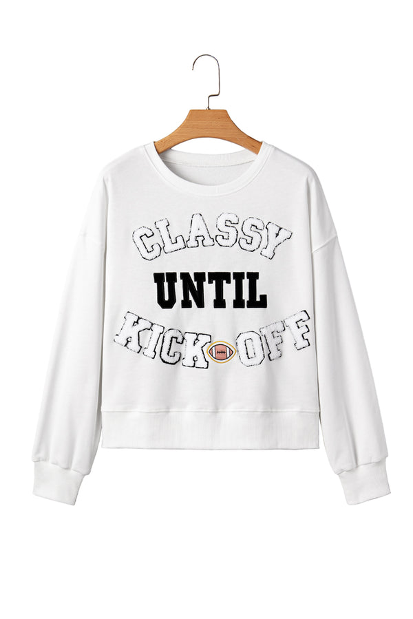 White CLASSY UNTIL KICKOFF Letter Graphic Loose Sweatshirt