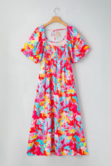 Rose Abstract Print Puff Sleeve Backless Smocked Plus Size Dress
