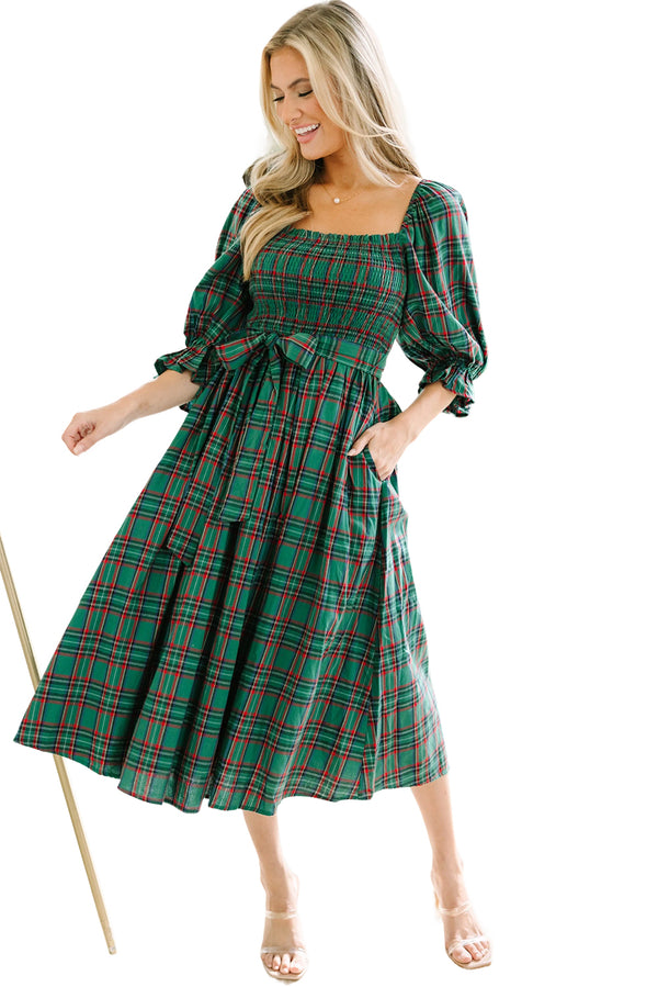 Green Plaid Square Neck Puff Sleeve Bowknot Waist Flared Midi Dress