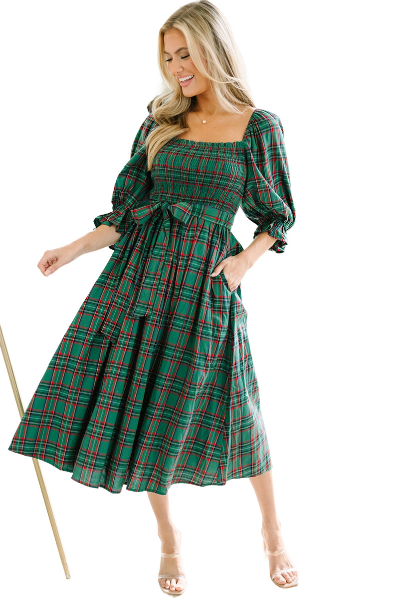 Green Plaid Square Neck Puff Sleeve Bowknot Waist Flared Midi Dress Raining Rustic Boutique Green Plaid Square Neck Puff Sleeve Bowknot Waist Flared Midi Dress Raining Rustic Boutique