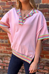 Pink Rainbow Stripe Ribbed Patchwork Raw Seam Oversize Polo Tee