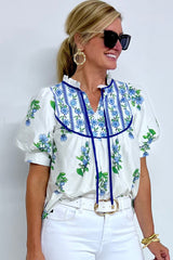 Beige Floral Print Piping Trim Tie Neck Puff Sleeve Blouse