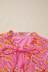 Pink Floral Long Sleeve Tassel Tied V Neck Maxi Dress