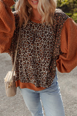 Brown Leopard Floral Print Ribbed Patchwork Puff Sleeve Loose Pullover