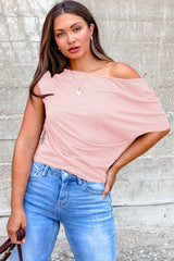 Blue Sapphire Plus Size Solid Color Asymmetric Neck Short Sleeve Blouse