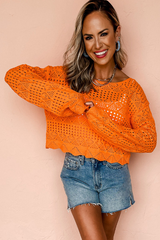 Carrot Solid Color Crochet Scallop Edge Sweater