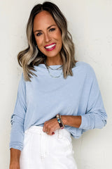 Beau Blue Solid Color Boat Neck Batwing Long Sleeve Top