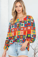 Multicolor 60s Flower Pattern Lantern Sleeve Square Neck Top