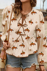 Apricot Rodeo Print Tied Front Puff Sleeve Peplum Top