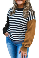 Khaki Striped Colorblock Patchwork Long Sleeve Sweater