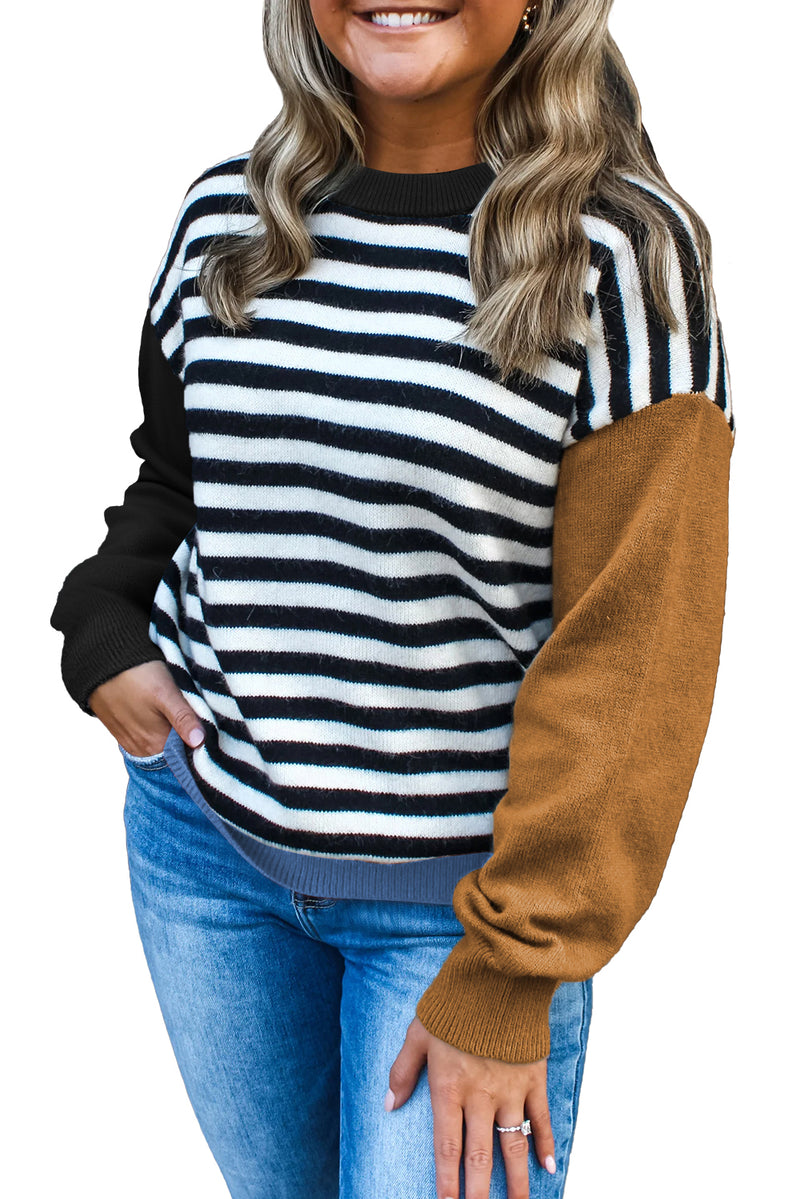Khaki Striped Colorblock Patchwork Long Sleeve Sweater