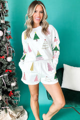 White Christmas Tree Long Sleeve Top and Shorts Pajama Set