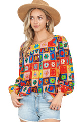 Multicolor 60s Flower Pattern Lantern Sleeve Square Neck Top
