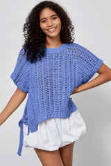 Black Plus Size Open Knit Bow Tie Short Sleeve Sweater