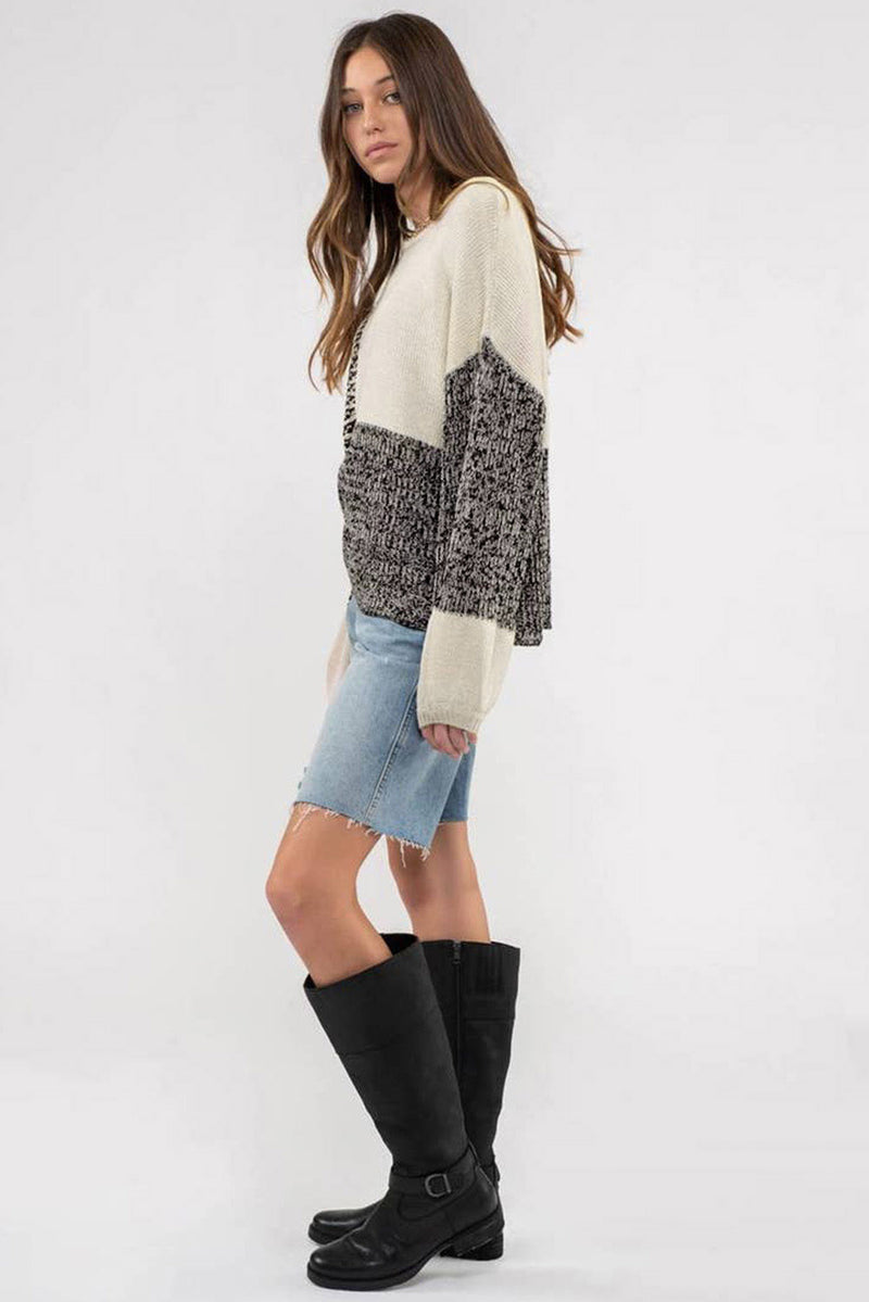 Pink Patchwork Tie Back Drop Shoulder Knit Sweater