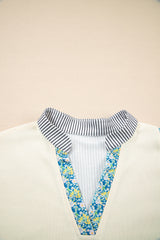 Beige Floral Striped Patchwork Drop Sleeve Boxy Fit Sweatshirt