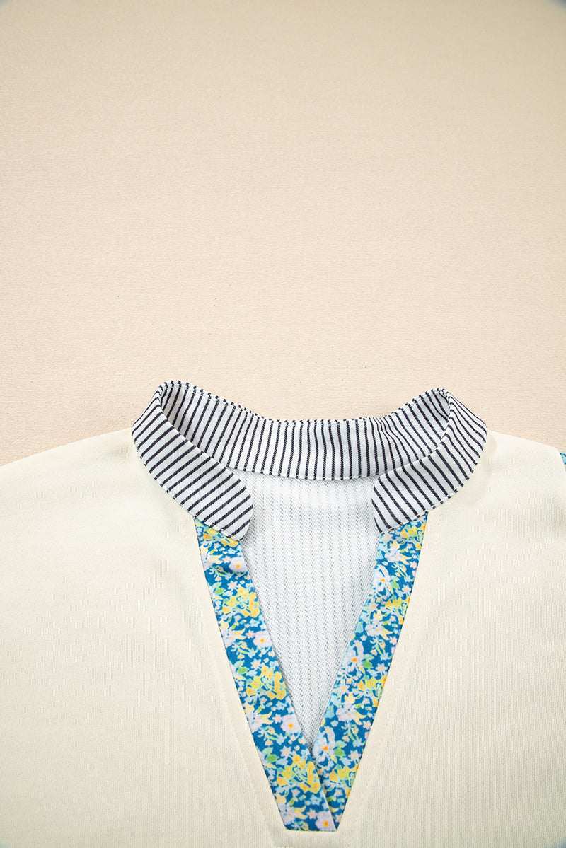 Beige Floral Striped Patchwork Drop Sleeve Boxy Fit Sweatshirt
