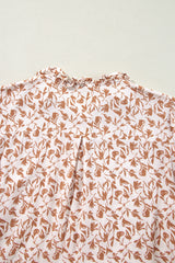 Khaki Printed Floral Print Lace Detail Puff Sleeve Fall Shirt