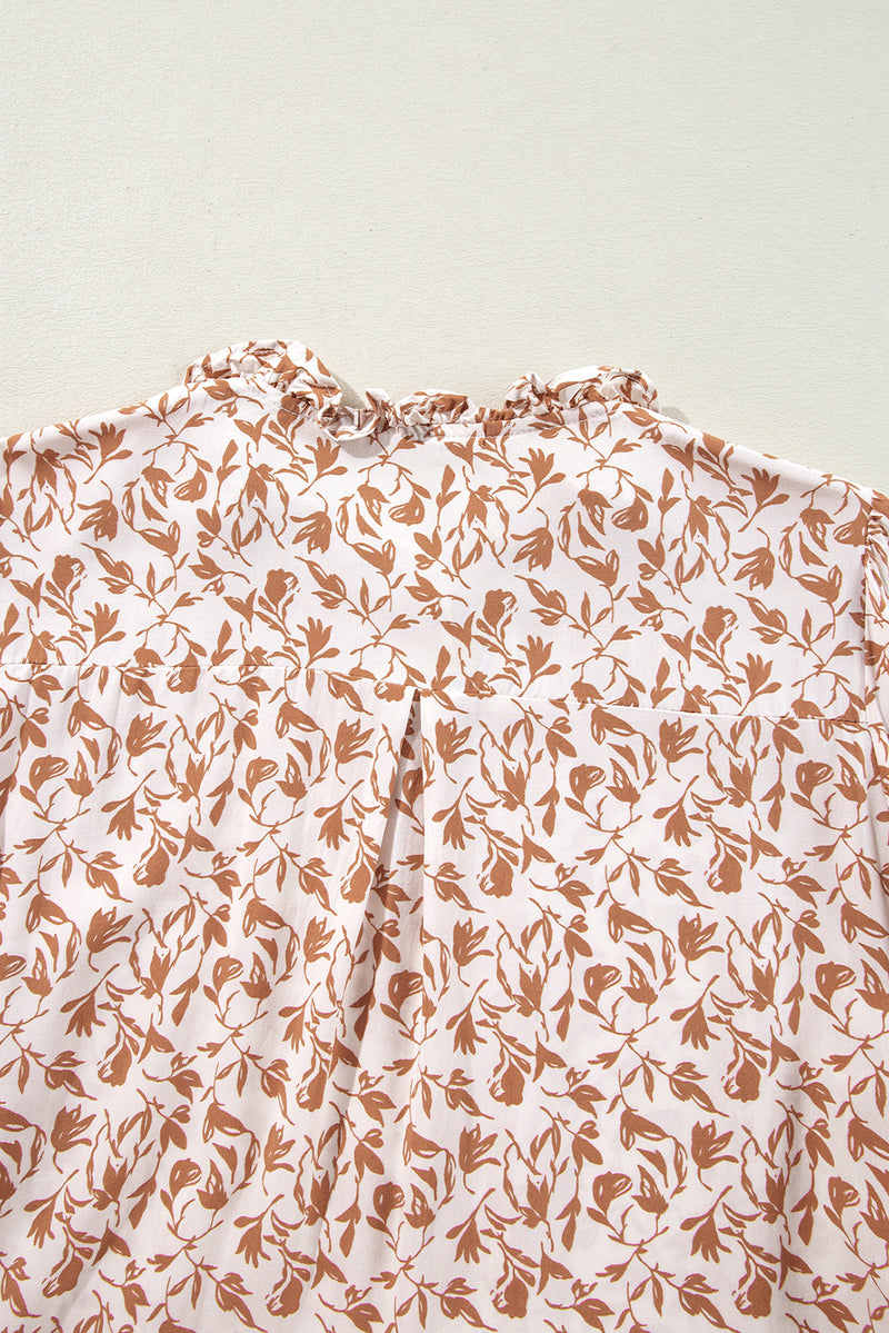 Khaki Printed Floral Print Lace Detail Puff Sleeve Fall Shirt