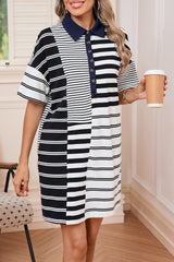 Black Striped Patchwork Collared Mini Dress