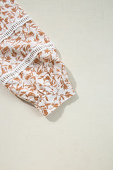 Khaki Printed Floral Print Lace Detail Puff Sleeve Fall Shirt