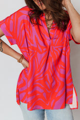 Multicolour Abstract Print V Neck Cuffed Short Sleeve Shift Slit Blouse